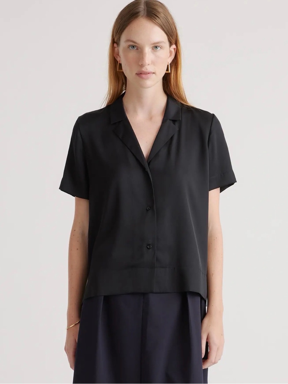 Quince Washable Stretch Silk Short Sleeve Notch Collar Blouse